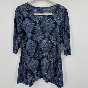 Tianello Shirt Womens Medium Blue Black Paisley Tunic 3/4 Sleeve V Neck CJ-619